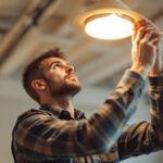 A photograph of a skilled lighting contractor expertly installing or adjusting a 150-watt lighting fixture in a well-lit environment