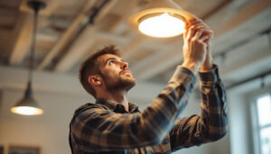 A photograph of a skilled lighting contractor expertly installing or adjusting a 150-watt lighting fixture in a well-lit environment