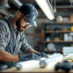 A photograph of a skilled lighting contractor working with t12 fluorescent tubes in a well-lit workshop