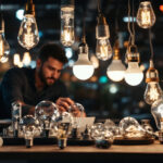 A photograph of a variety of light bulbs displayed in an organized manner