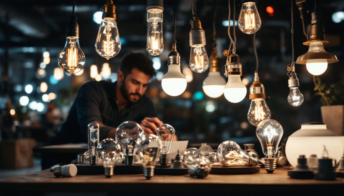 A photograph of a variety of light bulbs displayed in an organized manner