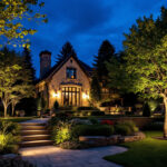 A photograph of a beautifully illuminated outdoor landscape at dusk