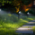 A photograph of a well-lit outdoor setting showcasing motion flood lights in action