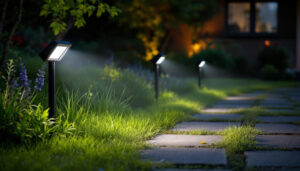 A photograph of a well-lit outdoor setting showcasing motion flood lights in action