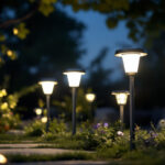 A photograph of a beautifully illuminated outdoor space featuring various styles of led solar lights in use