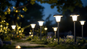 A photograph of a beautifully illuminated outdoor space featuring various styles of led solar lights in use