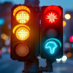 A photograph of a side-by-side comparison of a vibrant led traffic light and a traditional incandescent traffic light