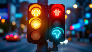 A photograph of a side-by-side comparison of a vibrant led traffic light and a traditional incandescent traffic light
