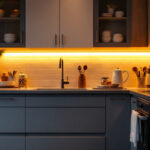 A photograph of a beautifully lit kitchen showcasing hardwired led under cabinet lighting