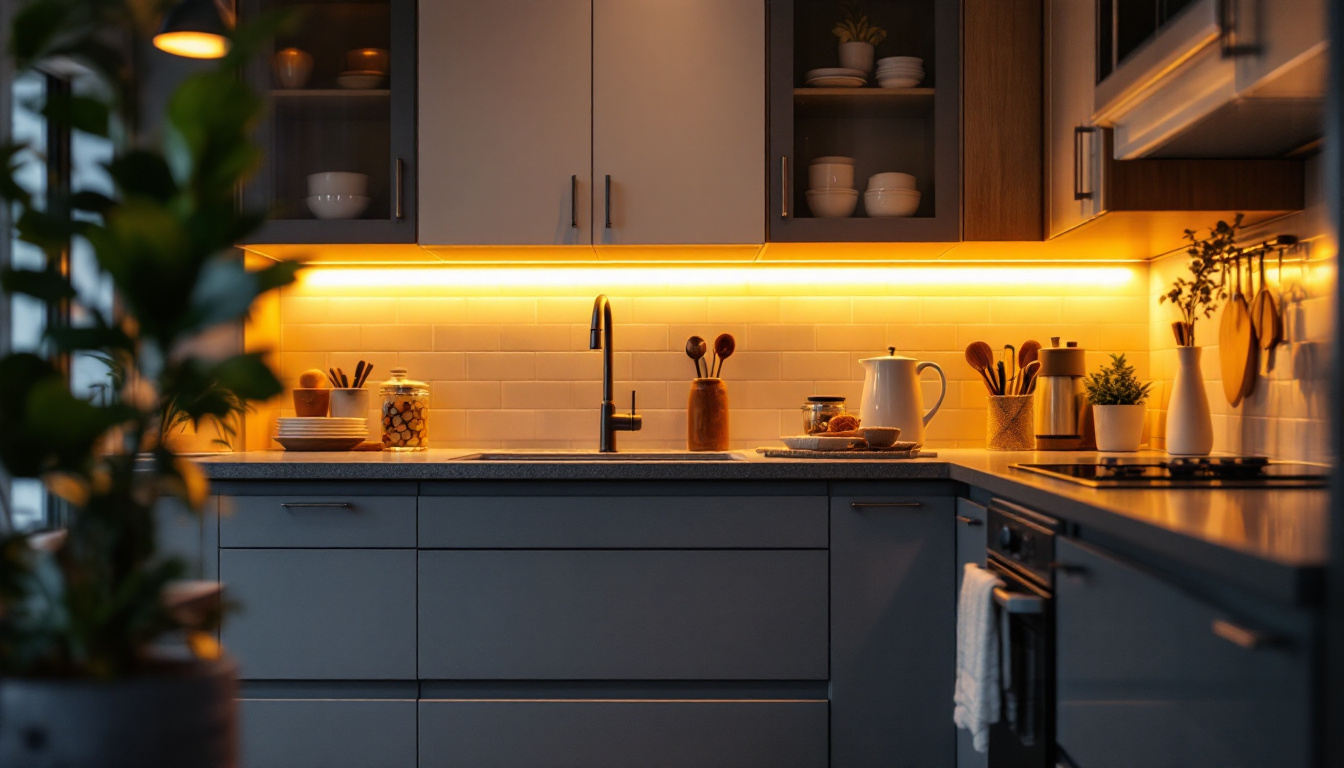 A photograph of a beautifully lit kitchen showcasing hardwired led under cabinet lighting