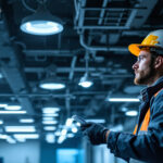 A photograph of a lighting contractor inspecting a modern led lighting installation in a commercial space