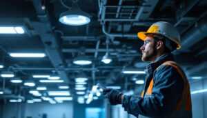 A photograph of a lighting contractor inspecting a modern led lighting installation in a commercial space