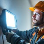 A photograph of a lighting contractor installing a flood led light in a commercial or residential setting