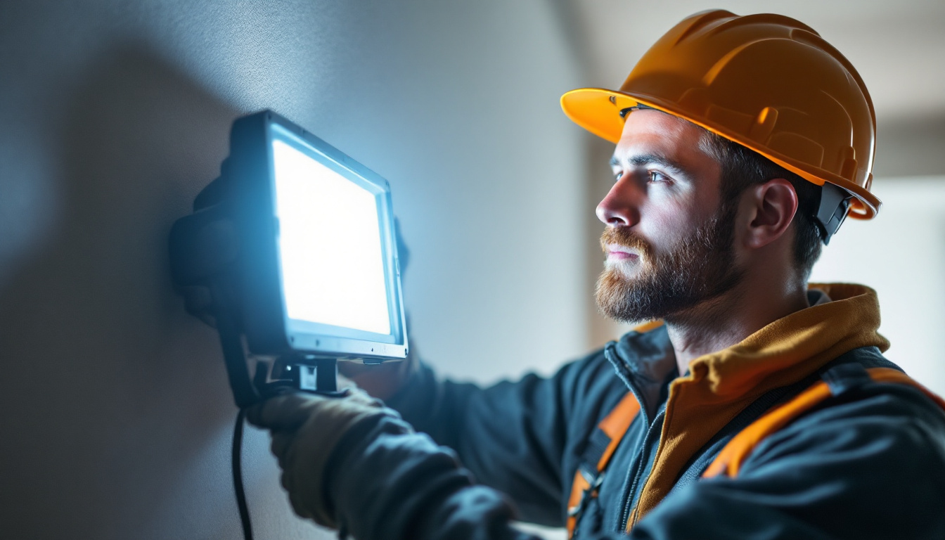 A photograph of a lighting contractor installing a flood led light in a commercial or residential setting