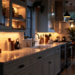 A photograph of a beautifully designed kitchen featuring various styles of under counter lighting