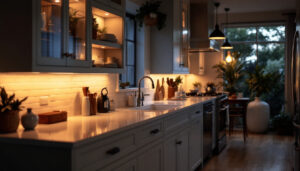 A photograph of a beautifully designed kitchen featuring various styles of under counter lighting