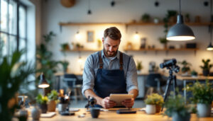 A photograph of a lighting contractor actively engaging with a client