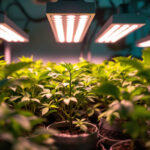 A photograph of a well-lit indoor grow setup featuring vibrant green plants under energy-efficient led grow lights