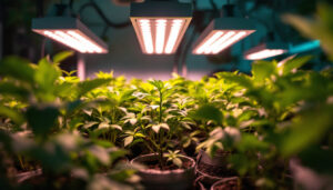 A photograph of a well-lit indoor grow setup featuring vibrant green plants under energy-efficient led grow lights