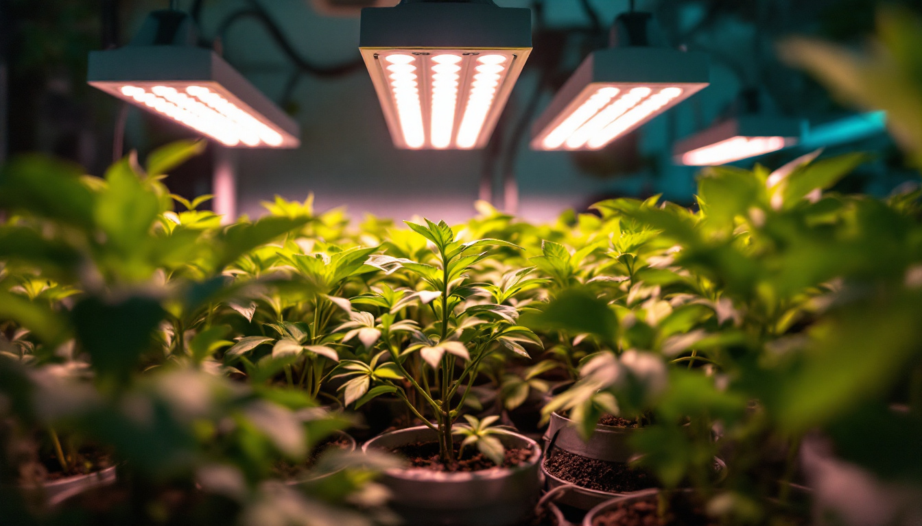 A photograph of a well-lit indoor grow setup featuring vibrant green plants under energy-efficient led grow lights