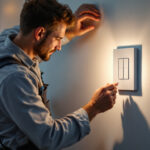 A photograph of a lighting contractor expertly installing a modern light wall switch in a stylish residential setting