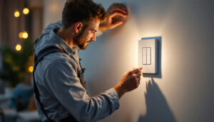 A photograph of a lighting contractor expertly installing a modern light wall switch in a stylish residential setting