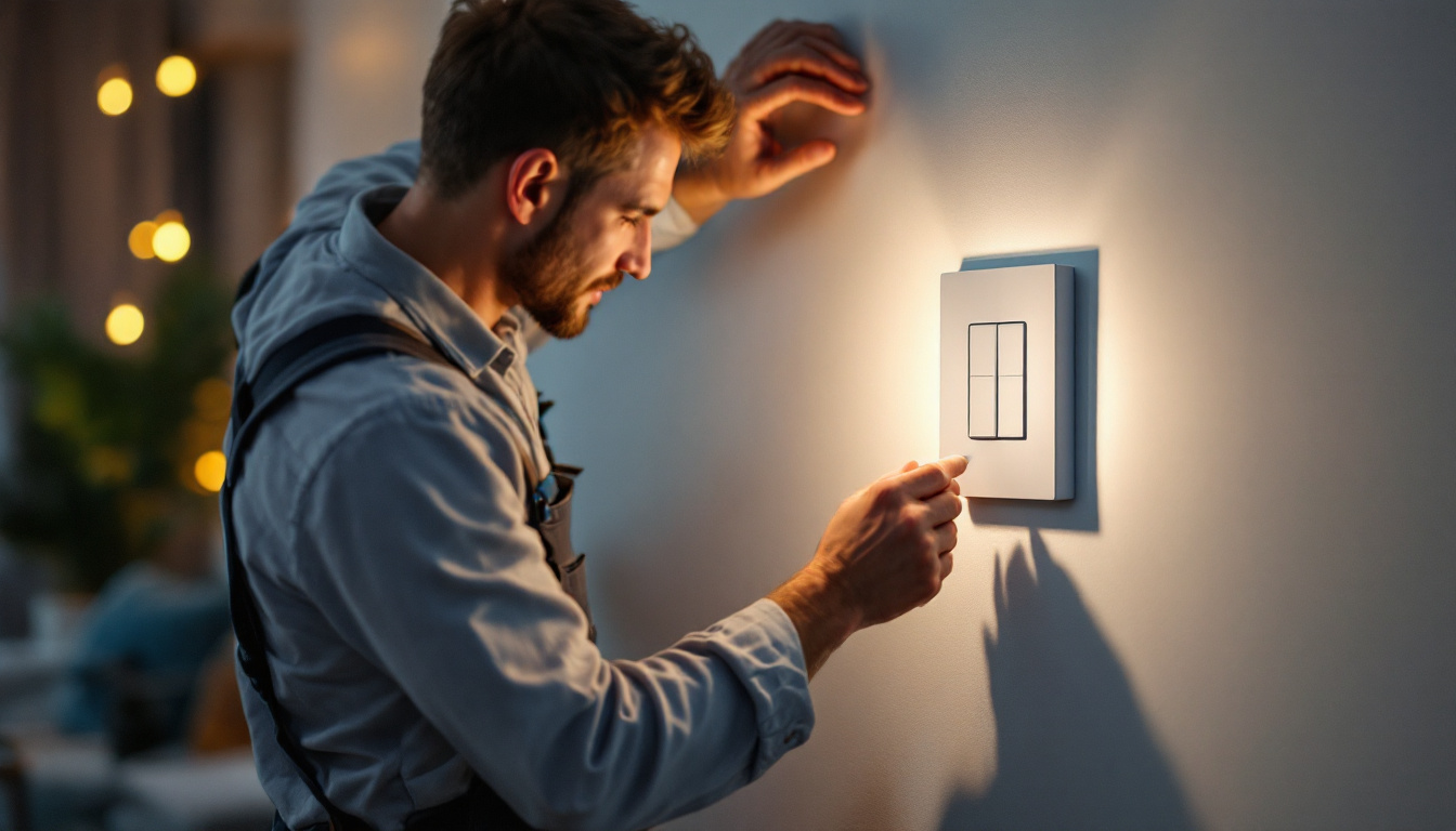 A photograph of a lighting contractor expertly installing a modern light wall switch in a stylish residential setting