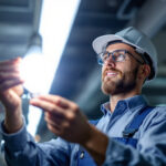 A photograph of capture a photograph of a lighting contractor confidently installing a philips mainsfit ballast bypass led t8 bulb in a commercial setting