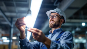 A photograph of capture a photograph of a lighting contractor confidently installing a philips mainsfit ballast bypass led t8 bulb in a commercial setting
