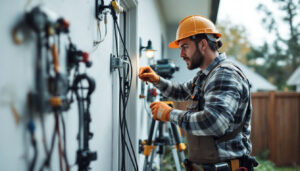 A photograph of a lighting contractor working on a residential installation
