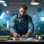 A photograph of a skilled lighting contractor in action