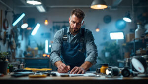 A photograph of a skilled lighting contractor in action