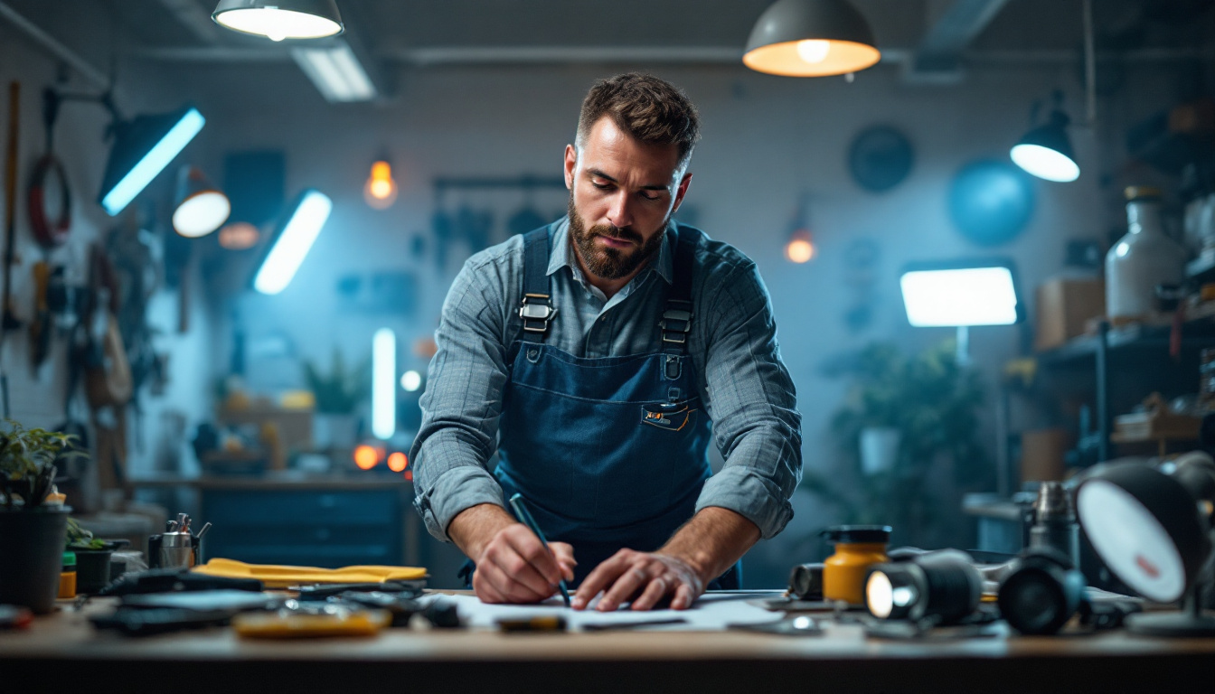 A photograph of a skilled lighting contractor in action