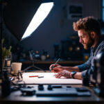 A photograph of capture a photograph of a well-lit workspace featuring various lighting tools and equipment