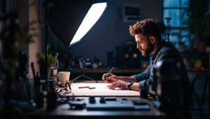 A photograph of capture a photograph of a well-lit workspace featuring various lighting tools and equipment