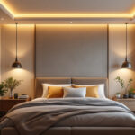 A photograph of a beautifully designed bedroom featuring stylish and functional overhead lighting
