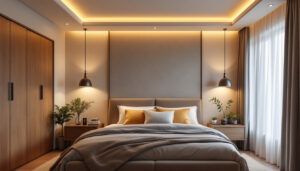 A photograph of a beautifully designed bedroom featuring stylish and functional overhead lighting