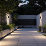 A photograph of capture a photograph of a modern outdoor space illuminated by rab wallpacks