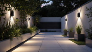 A photograph of capture a photograph of a modern outdoor space illuminated by rab wallpacks