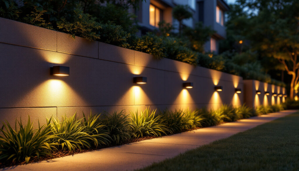 A photograph of a beautifully illuminated outdoor space featuring solar wall lights in action