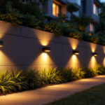 A photograph of a beautifully illuminated outdoor space featuring solar wall lights in action