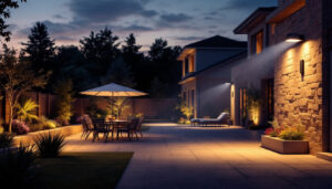A photograph of a beautifully illuminated outdoor space at dusk