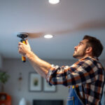 A photograph of a skilled lighting contractor installing recessed lighting in a modern home setting