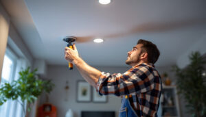 A photograph of a skilled lighting contractor installing recessed lighting in a modern home setting