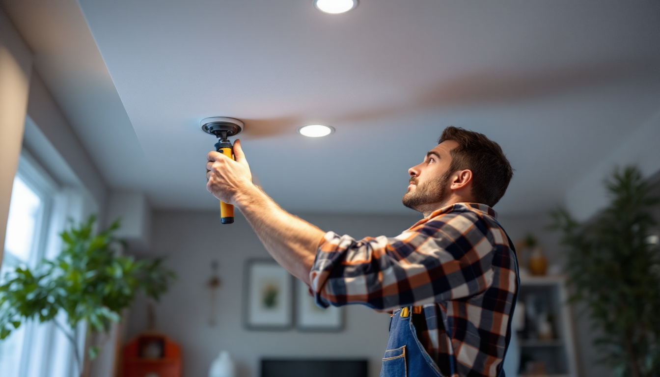 A photograph of a skilled lighting contractor installing recessed lighting in a modern home setting