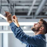 A photograph of a lighting contractor expertly installing linear hanging lights in a modern interior space