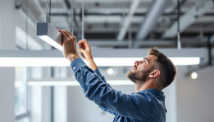 A photograph of a lighting contractor expertly installing linear hanging lights in a modern interior space