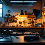 A photograph of a well-lit workshop environment showcasing various lighting setups