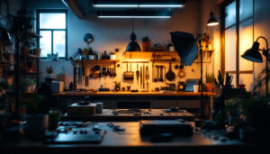 A photograph of a well-lit workshop environment showcasing various lighting setups