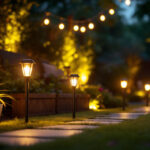 A photograph of a beautifully illuminated outdoor space featuring various styles of night solar lights in use